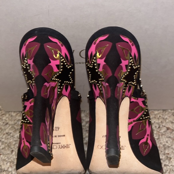 Jimmy Choo, black/pink/gold, suede open peep toe, mule style heels - Picture 4 of 8